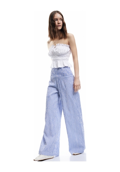 Koton Beli Gipeli Rahat Kalıp Geniş Paça Çizgili Pantolon Mavi Çizgili 5sal40131ıw Mavi
