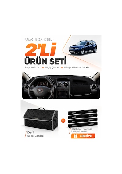 E-biz Dacia Duster 1.nesil Makyajlı 2013-2017 Uyumlu Torpido + Deri Çanta - Siyah-gri - Da009
