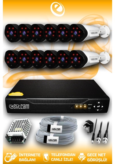 Elitcam 12 Kameralı Uzay 12 Dış Kamera Set HDD'siz Full HD Gece Görüşlü Güvenlik Kamerası Sistemi