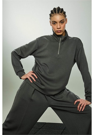 Defacto Oversize Geniş Kalıp Yarım Fermuarlı Modal Sporcu Sweatshirt D7126ax26spkh521 Haki-kh521
