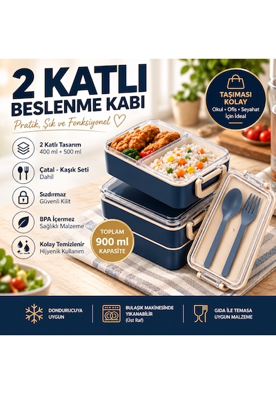 2 Katlı Bölmeli Sefer Tası / Beslenme Kabı 900ml - Kaşık Çatal Setli, Sızdırmaz Ve Bpa İçermez Lacivert