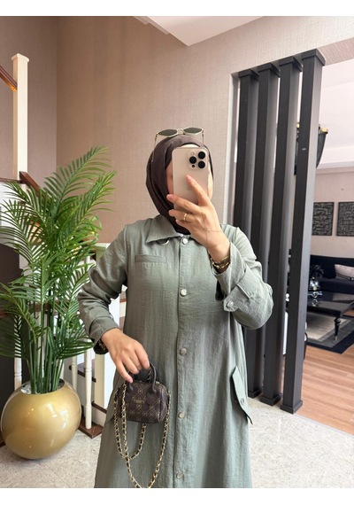 Esra Butik78 Haki Renk Büyük Beden Uyumlu Yazlık Paraşüt Kumaş Tesettür Elbise