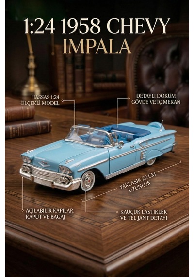 1:24 1958 Chevy Impala Metal Lisanslı Model Araba - Mavi Klasik Koleksiyonluk Çok Renkli