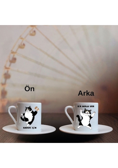 Smokin Kedi Tasarımlı "kahve İçin Bir Mola Ver" Fincan Seti Beyaz