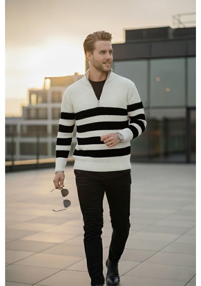 Rizzup Erkek Ekru Yarım Fermuarlı Oversize Kesim Triko Kazak Pamuklu Yumuşak Örgü Çizgili Kazak 2608513 Rizzup Erkek Ekru Yarım Fermuarlı Oversize Kesim Triko Kazak Pamuklu Yumuşak Örgü Çizgili Kazak 2608513