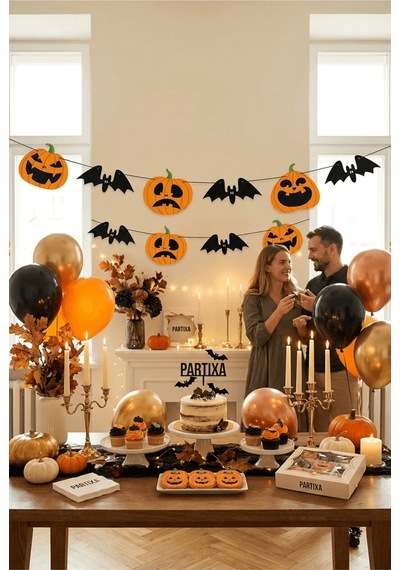 Halloween Balkabağı Ve Yarasa Figürlü Özel Kesim Banner - 2,5 Metre Cadılar Bayramı Kutlama Çok Renkli