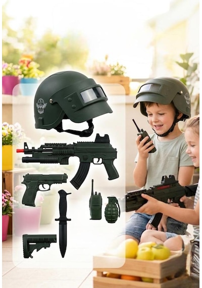 Kasklı Asker Setim Sesli Işıkllı 7 Parçalı Aksiyon Dolu Askeri Oyuncak Seti 8+ Yaş