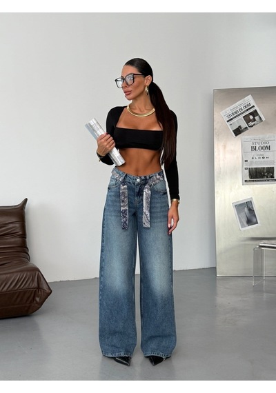 Desenli Kuşak Detaylı Geniş Paça Mavi Denim Pantolon Mavi