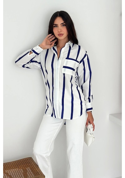 Asprin Fashion Kalın Lacivert Çizgili Gömlek Beyaz