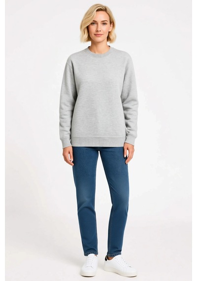 Ersefa Kadın Üç İplik Düz Bisiklet Yaka Sweatshirt Uzun Kollu Ribana Det Gri