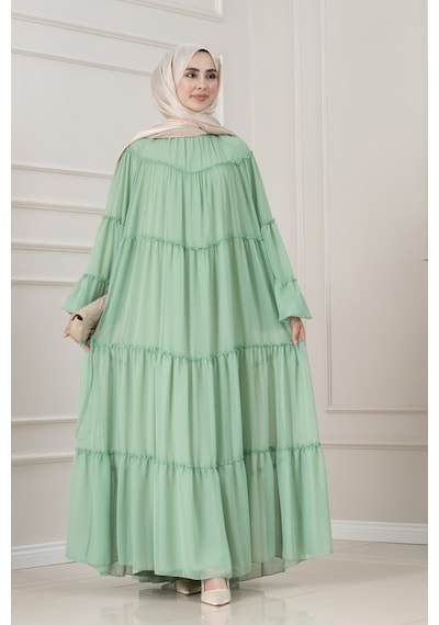 Sevitli Robalı Manolya Şifon Elbise-mint Yeşili-5785