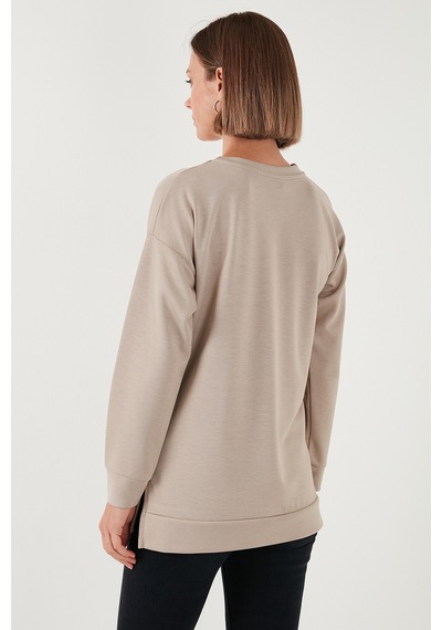 Lela Streç Oversize Fit Bisiklet Yaka Modal Kumaş Bayan Sweat 5865877 Taş