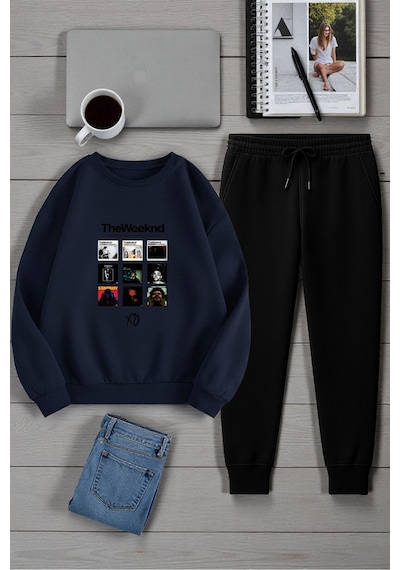 Uyguntarz Unisex The Weekend Tasarım Basklı Bisiklet Yaka Sweatshirt - 2'li Eşofman Takımı Lacivert