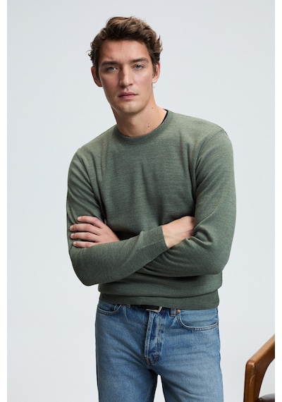 Grımelange VAREX Erkek Yuvarlak Yaka Basic Slim Fit Triko Haki Kazak