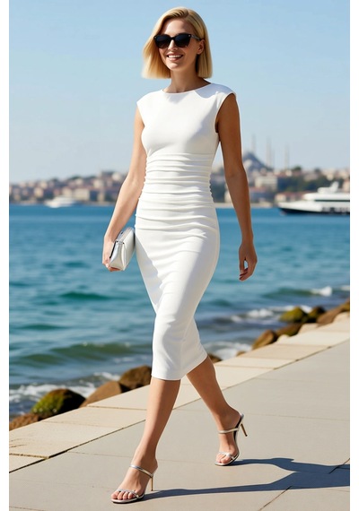 Benerly Kadın Kolsuz Bodycon Maxi Elbise Sırt Detaylı Sandy Dokulu Party Beyaz