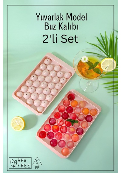 33 Bölmeli Yuvarlak Buz Kalıbı - Buzluk - 2'li Set - Pembe Plastik Diğer