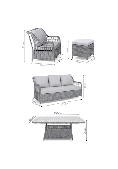 Niron Leo 3'lü Rattan Bahçe Oturma Grubu - Gri Temperli Cam Set 3+1+1+2 Puf