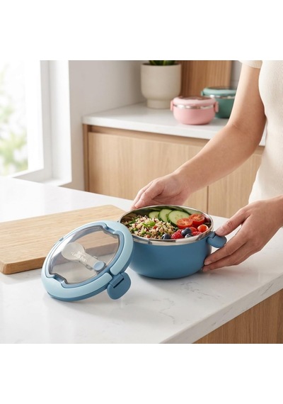 700 Ml Paslanmaz Çelik Yemek Kabı, Kaşıklı, Saplı Ve Kilitli Yuvarlak Lunch Box, Mavi Yeşil Pembe Renk Seçenekli, 12x11x13cm Kapaklı Saklama Ve Taşıma Kabı Çok Renkli