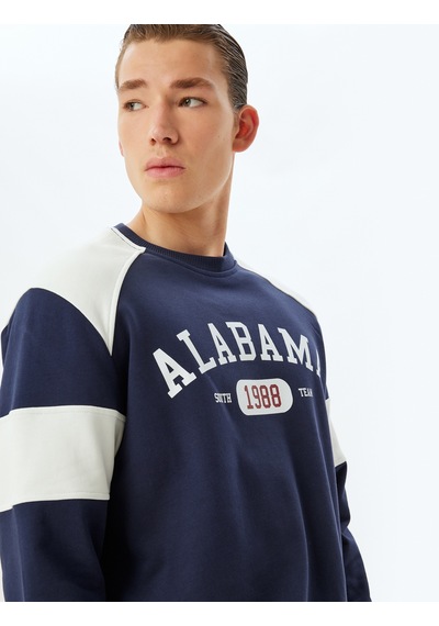Koton Kolej Baskılı Sweatshirt Bisiklet Yaka Renk Bloklu Pamuklu Lacivert 5wam70181mk Lacivert