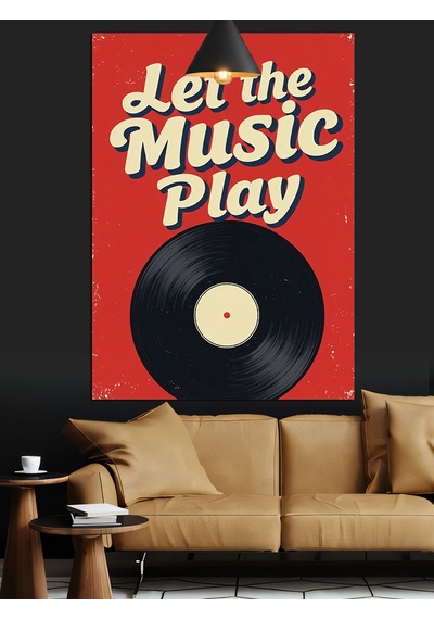 Let The Music Play Sloganı Ve Plak Dekoratif Kanvas - Mdf Ahşap Tablo