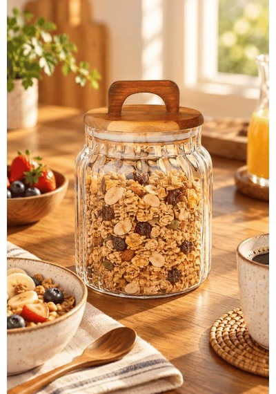 Atbyhome Akasya Kapaklı Çizgili Borosilikat Cam Kavanoz 1150 Ml - Vakumlu Büyük Boy Erzak Bakliyat Saklama Kabı