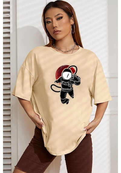 Unisex Nasa Baskılı Tasarım Tshirt Bej