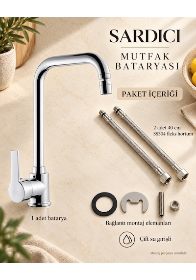 Sardıcı Oynar Başlıklı Mutfak Evye Bataryası Krom Çift Su Girişli Döner Borulu