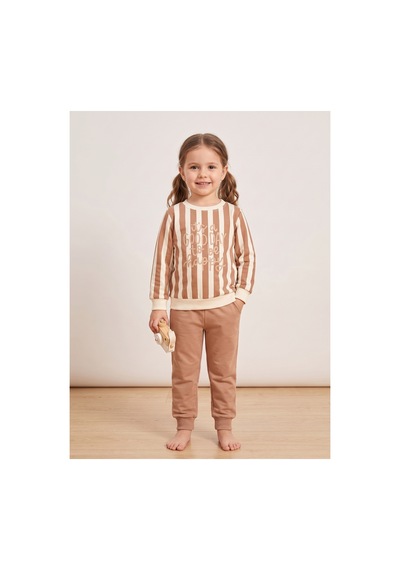 Deniva Kids Çocuk Kahverengi Çizgili Baskılı Pamuklu Sweatshirt Ve Eşofman Altı İkili Takım