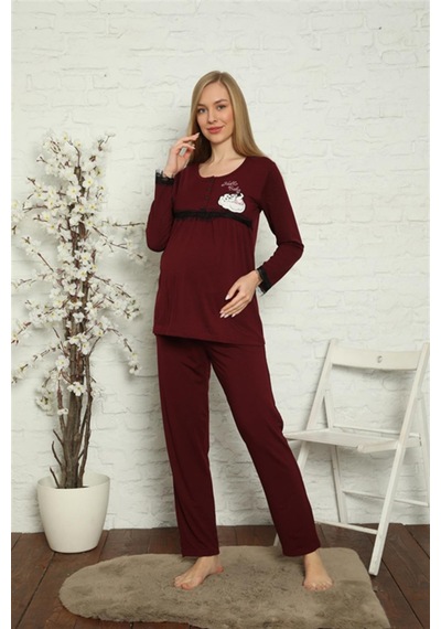 İbrahim Burak Etiler Collectıon Moda Çizgi Kadın Hamile Lohusa Bordo Pijama Takımı 45201