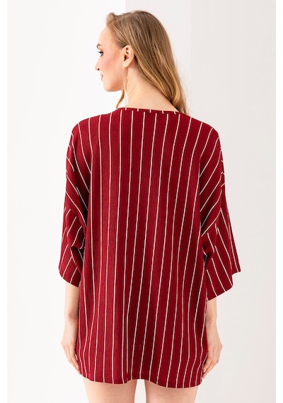 Giysa Kadın Yarım Kol Çizgili Bürümcük Kimono Bordo - 254406 Bordo
