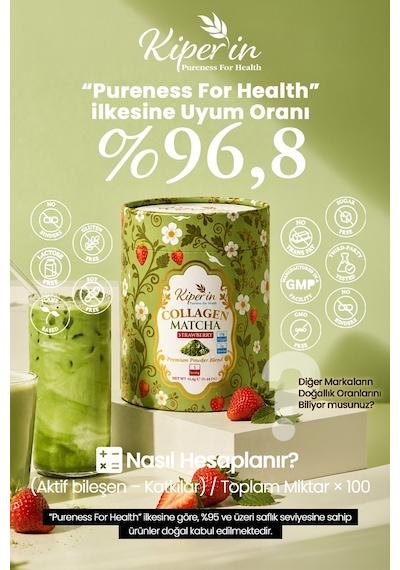 Çift Hidrolize Toz Kolajen Peptitleri 10gr & 2gr Saf Matcha Detox Doğal Çilek Aroması 30 Saşe