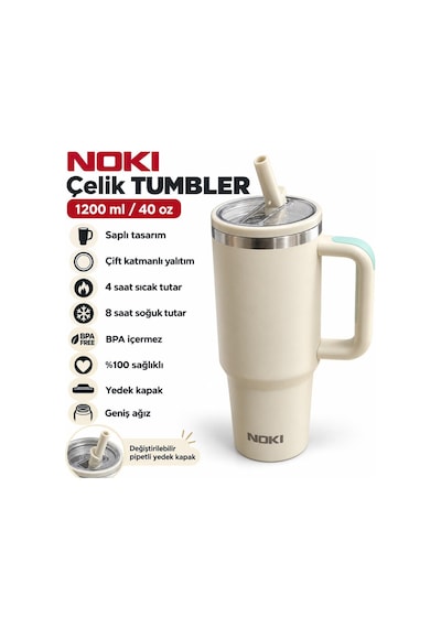 Nokı T-0137 1200 Ml Paslanmaz Çelik Tumbler Termos Bardak, Pipetli Yedek Kapaklı, Saplı Krem
