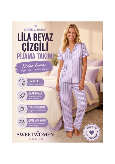 Lila-beyaz Çizgili Gömlek Yaka Pijama Takımı 4629-lila Kadın Kısa Kollu Düğmeli Uzun Alt Pijama Takımı Lila-beyaz Çizgili Gömlek Yaka Pijama Takımı 4629-lila Kadın Kısa Kollu Düğmeli Uzun Alt Pijama Takımı