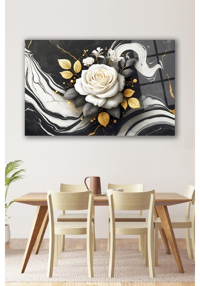 Soyut Siyah Beyaz Gold Gül Cam Tablo, Modern Ev Ofis Salon Duvar Dekoru, Hediyelik Tablo Dekor