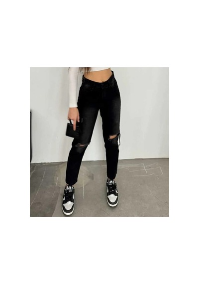 Kene Jeans Yüksek Bel Siyah Çift Diz Lazer Yırtık Mom Jeans Siyah