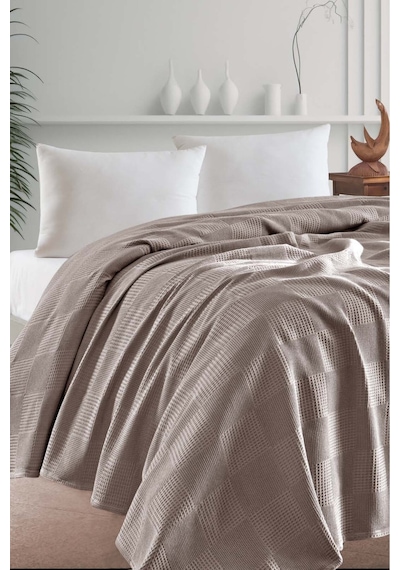 Tek Kişilik %100 Pamuk Pike Örtü 160x230 Cm Karo Desenli Camel Weave Serisi Camel