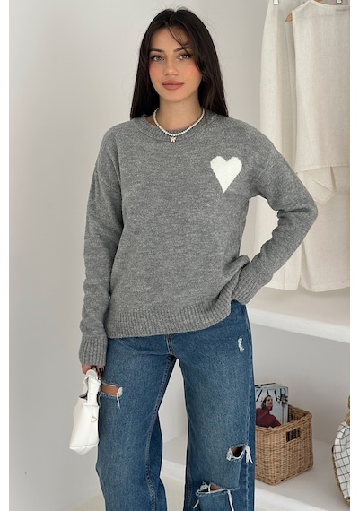Noa & Noa Kadın Kalpli Kalın Triko Kazak Oversize & Minimal Romantik Stil Gri