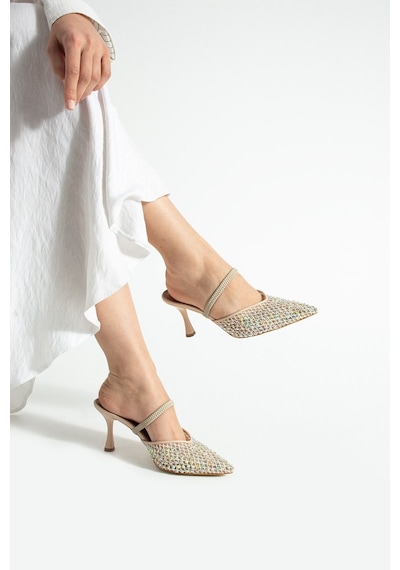 Lebibe Shoes Mına Kadın Bej File Taşlı 7 Cm Topuklu Slingback Sivri Burun Abiye Ayakkabı