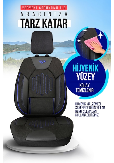 Siyah - Mavi Panda Vibe Serısı Keten Kumaş Oto Koltuk Kılıfı - Tam Set