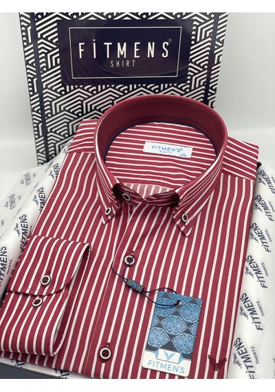 Slim Fit Uzun Kol Premium Kalın Çizgili Yaka Düğmeli Hediye Kutulu Kolay Ütülenebilir Erkek Gömlek Fs-001375 - Bordo-1490
