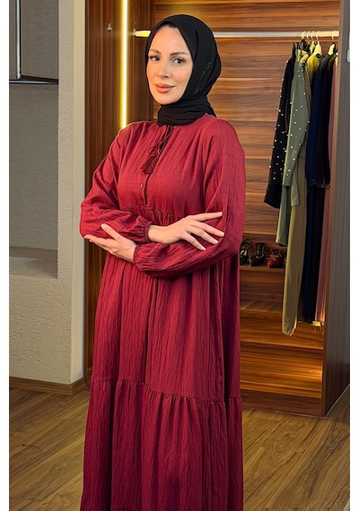 Bestenur Yarım Düğmeli Elbise 1689 - Bordo Bordo