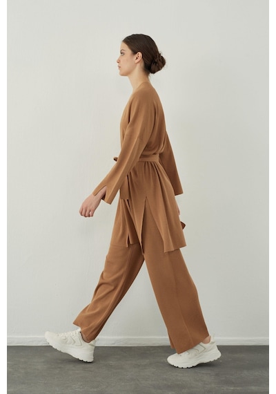 Sherin Camel Düz Yakalı Basic Triko Hırka - Camel