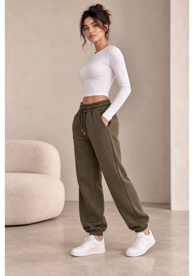Bbbutikbasic Kadın İçi Polar Şardonlu 3 İplik Kalın Jogger Eşofman Altı My3535 Haki