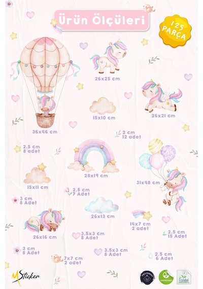 Unicorn Duvar Sticker Seti 125 Parça Balonlu Gökkuşağı Ve Uçan Unicorn Çocuk Odası Duvar Süsü Dijital Baskı