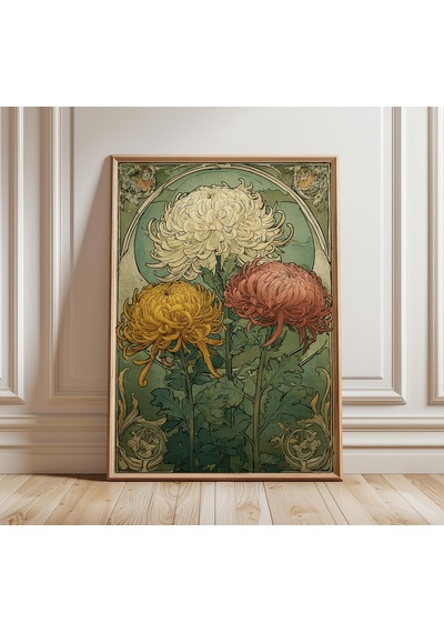 Art Nouveau Çiçekli Duvar Sanatı, Vintage Botanik Poster, Krizantem Çiçeği Baskısı, Zarif Doğa İllüstrasyonu, Klasik Ev Dekorasyonu