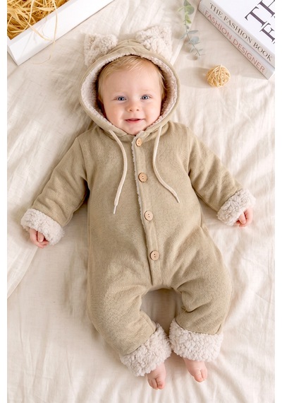 Babymod Tavşan Fiğürlü Düğme İliklemeli Welsoft Astarlı Kız Erkek Bebek Kışlık Tulum Bej