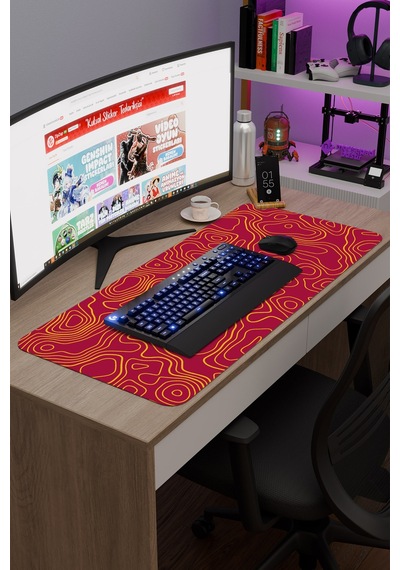 Sarı Kırmızı 90x40 Xxl Taraftar Gaming Oyuncu Mouse Pad Kaymaz Taban Büyük Fare Altlığı Topography