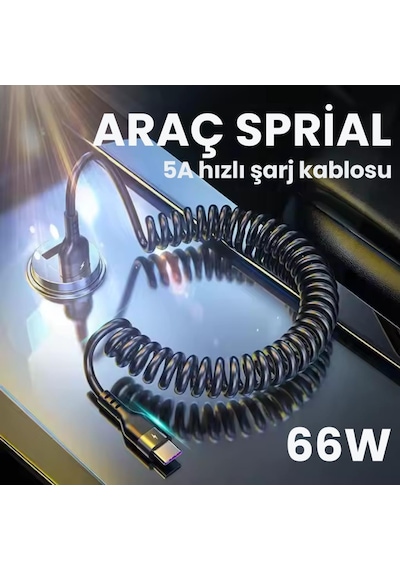 Polham 5a 66w Spiral Usb To Type C Şarj Ve Data Kablosu,1-1,5 Metre Kısayıp Uzayabilen Elastik Kablo 1 Adet