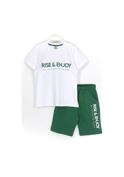 Dobakids Rise Enjoy Slogan Baskılı Erkek Çocuk Yazlık Takım Beyaz Yeşil Beyaz - Yeşil
