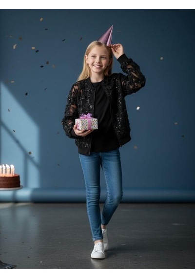 Zekids Kız Çocuk Çiçek İşlemeli Tasarım Bomber Ceket-16574 Siyah